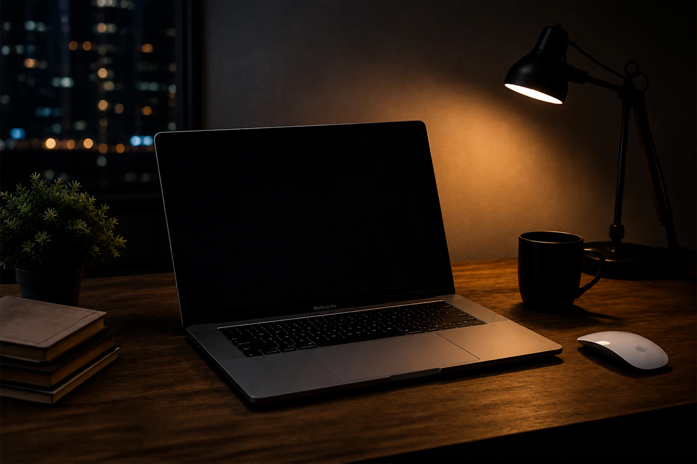 Bureau de nuit avec un ordinateur portable et les lumières de la ville